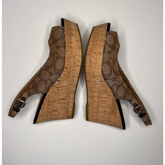 Coach Authentic Ferry Wedges Open Toe Gold Logo Platform Sandals Size 6 AS IS - Picture 3 of 12